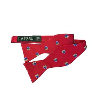 Lauren Ralph Lauren 100% Silk Bow Tie Handmade Red Blue Crest Woven Self Tie